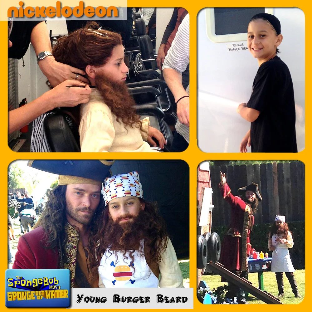Ethan in makeup and costume as Young Burger Beard on the set of The SpongeBob Movie: Sponge Out of Water