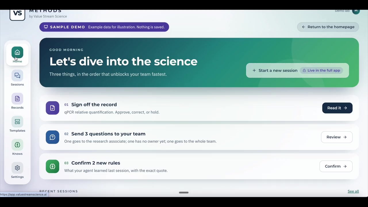 Methods home screen: Let's dive into the science, with three tasks for the researcher