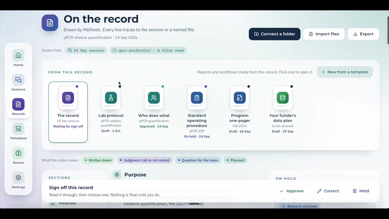 Methods On the record view, showing the documents built from one session