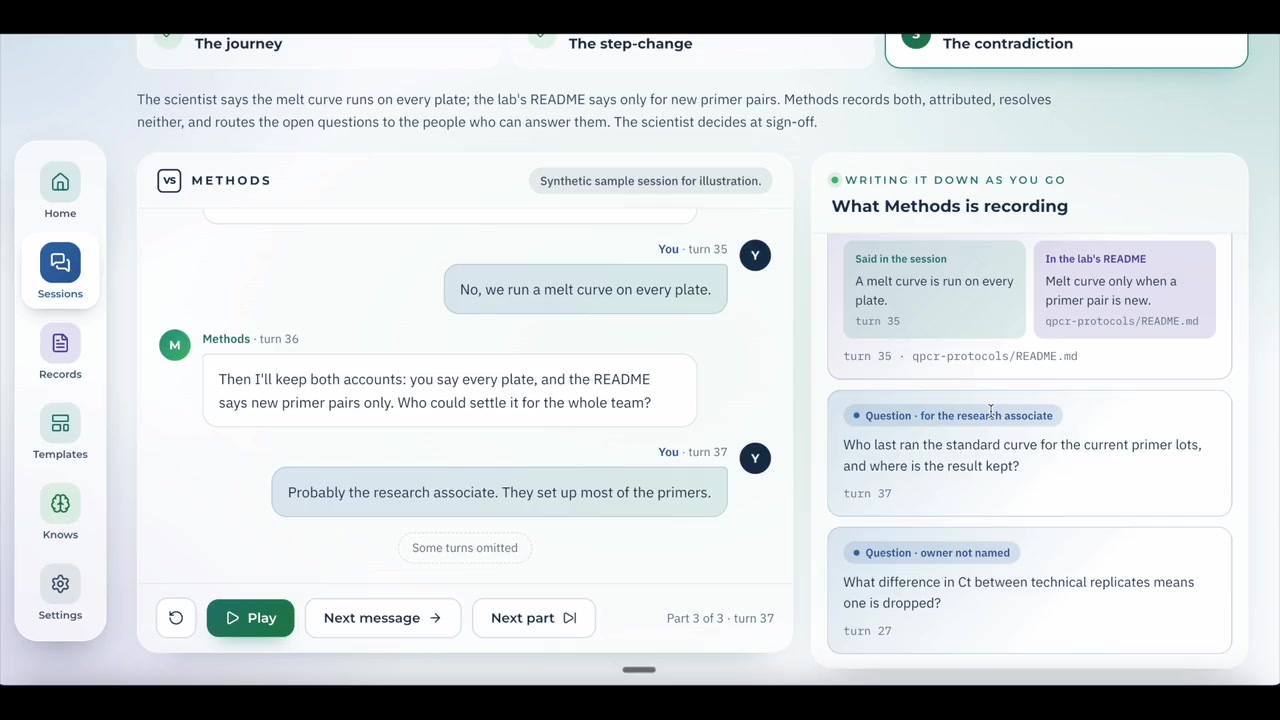 A live Methods session, with the conversation on the left and what Methods is recording on the right